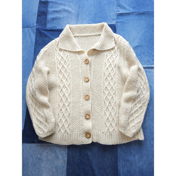 Handmade Sweaters - Vintage Handmade Wool Cable Knit Cardigan Sweater Women's L Collared